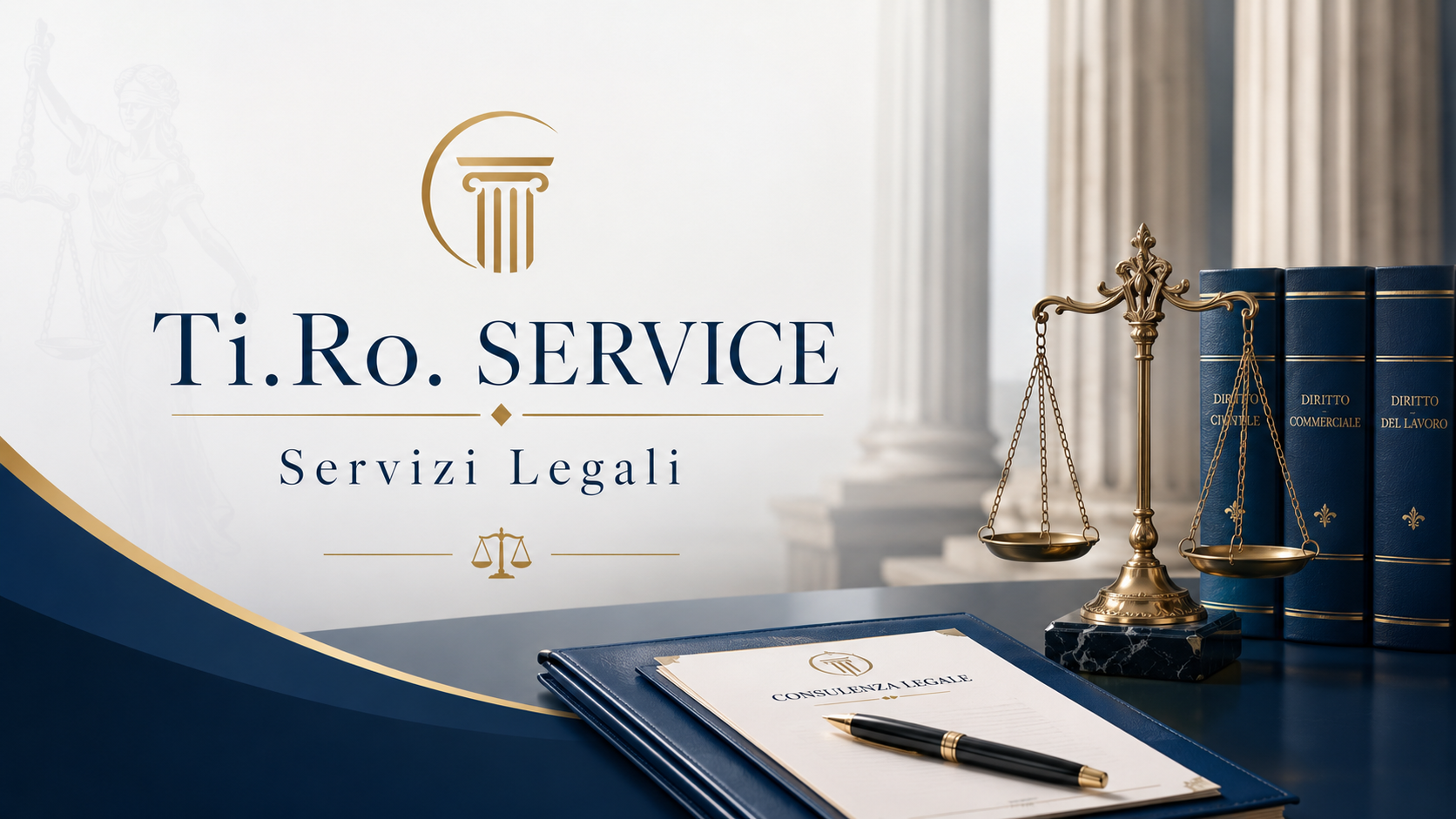 Ti.Ro. SERVICE Servizi Legali con bilancia della giustizia, libri di diritto e documenti legali